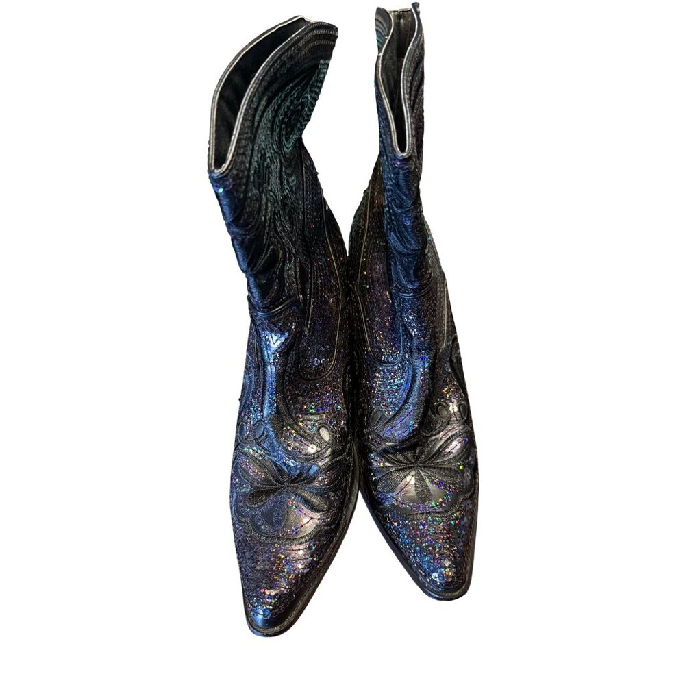 Helens Heart Womens Black Glitter Western Cowboy Boots Sequin Embroidered Detail